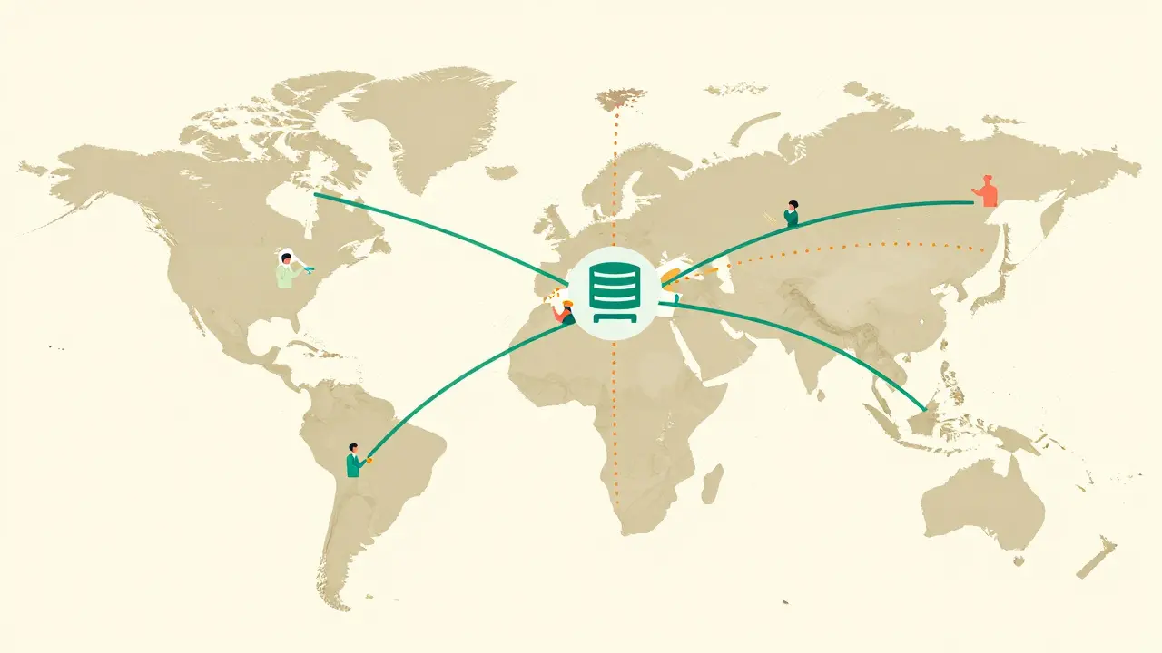 Global map with connecting lines showing international drug safety data sharing