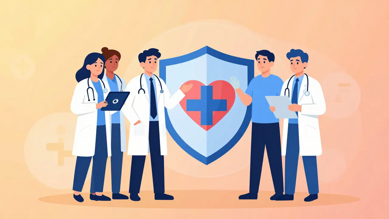 Healthcare team collaborating around patient safety shield