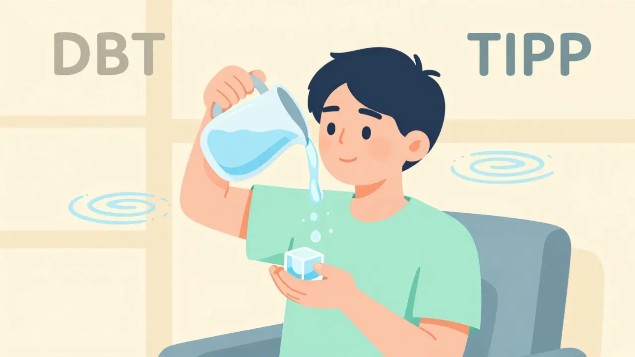 Illustration of a person using ice water to calm down, showing DBT distress tolerance