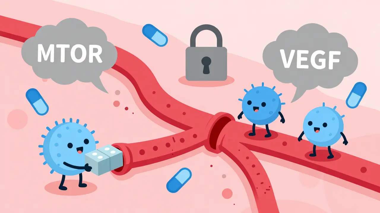 Illustration of mTOR and VEGF blocks stopping cell repair in a wound site.