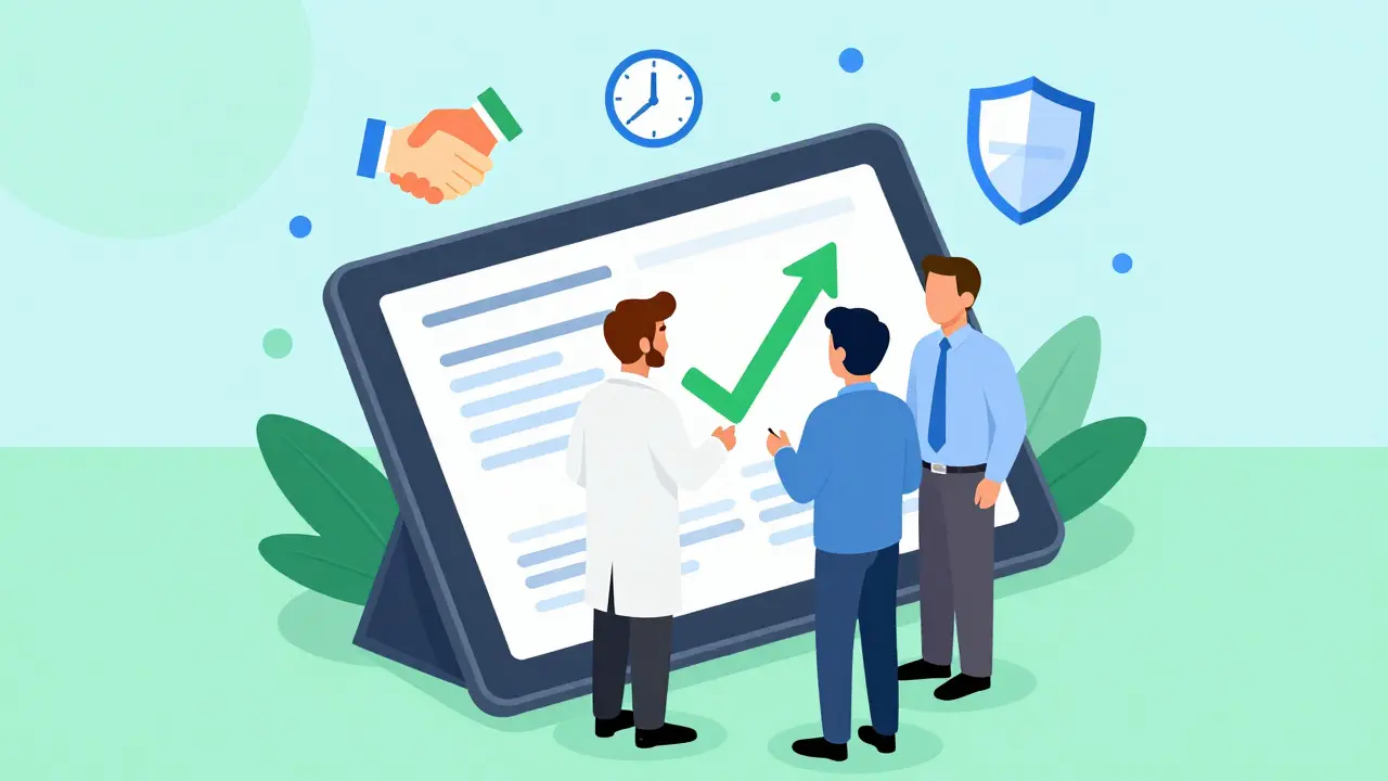 Pharma team reviewing successful approval data