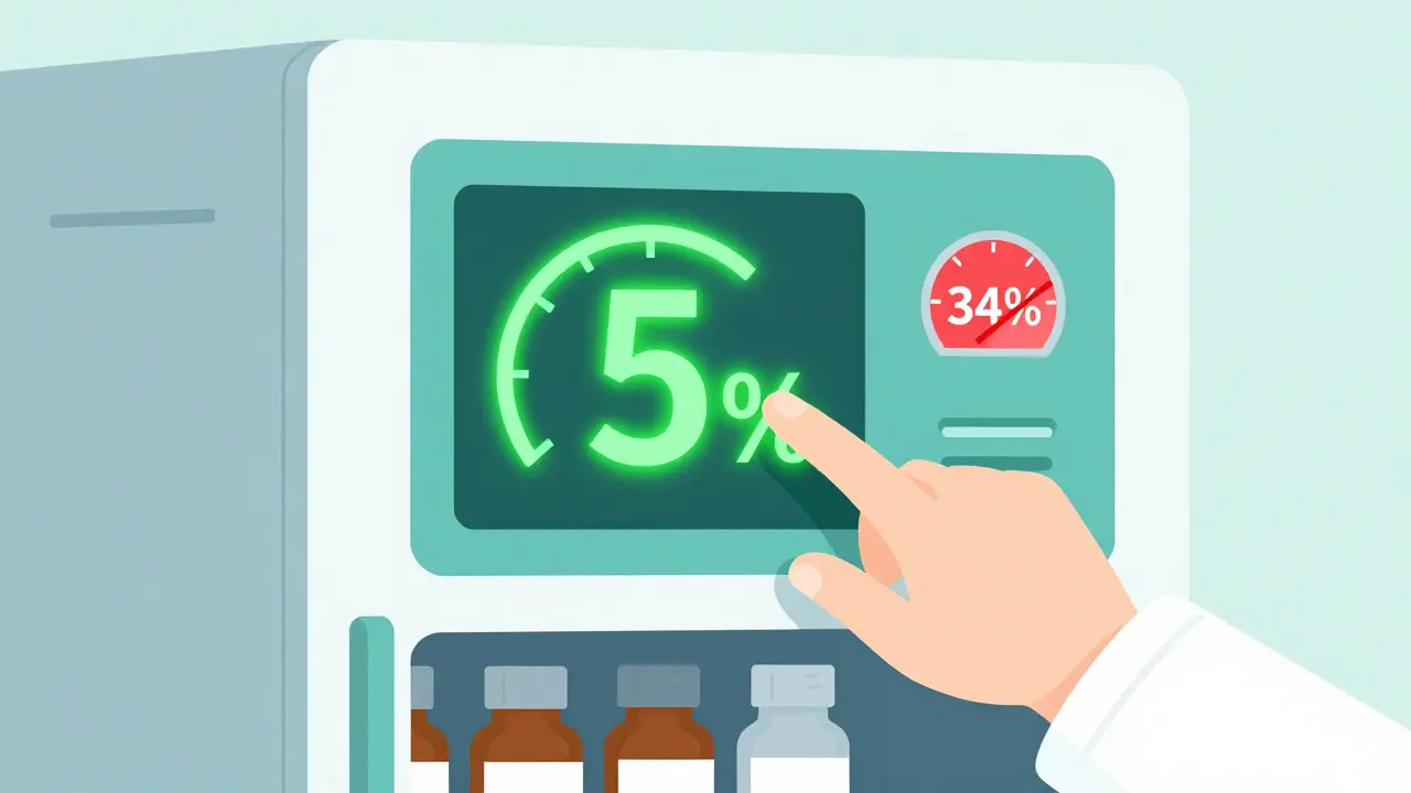 Pharmacist at automated dispensing cabinet with safety gauge