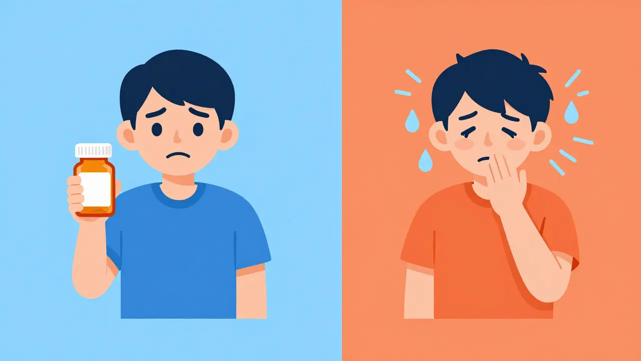 Split cartoon showing opioid tolerance versus physical dependence
