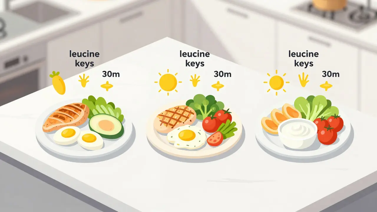 Three balanced protein meals with leucine key icons in flat design