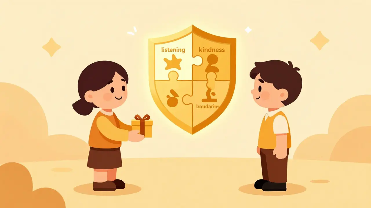Two people connecting with a shield of kindness, representing healthy relationships