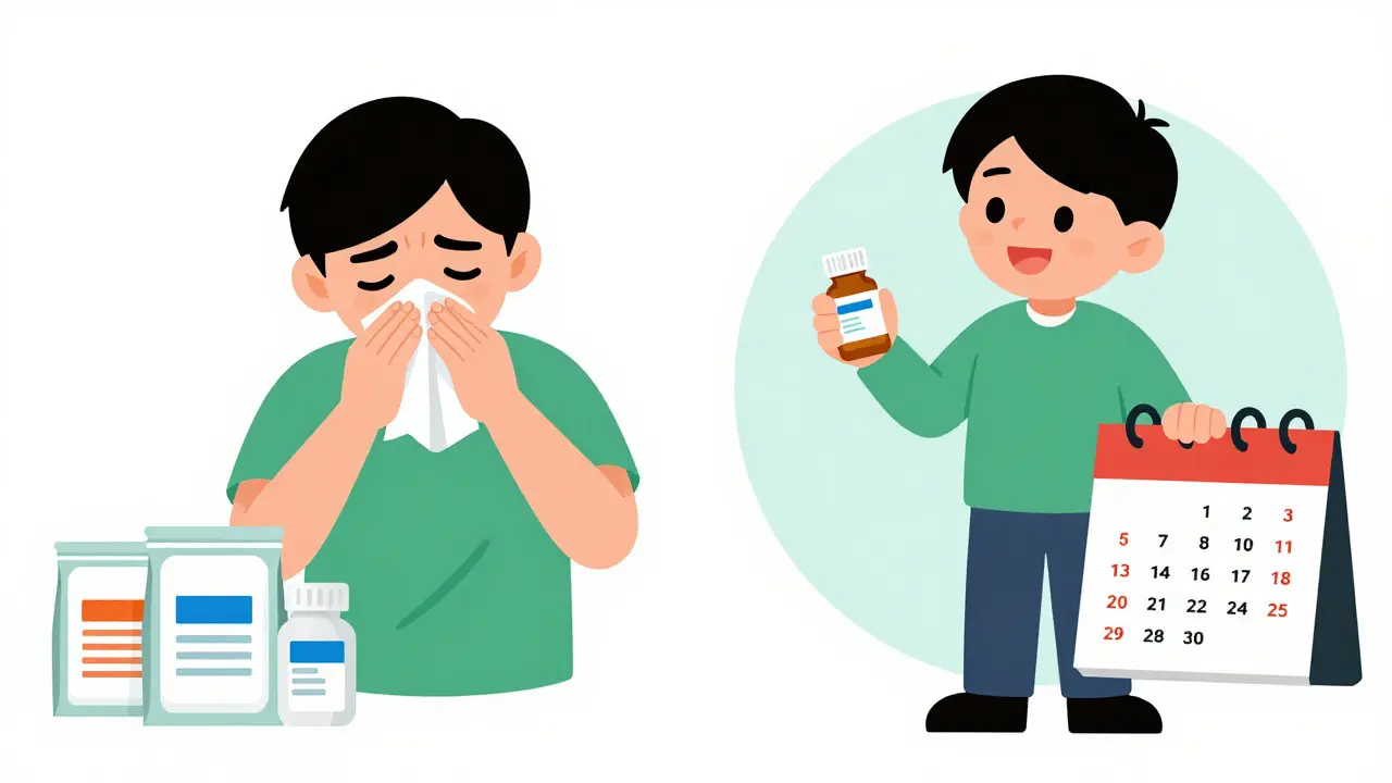 Cartoon comparison of expensive pharmacy bags versus a single affordable generic bottle for allergy season