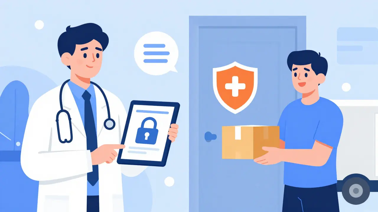 Cartoon showing a doctor prescribing medication digitally and a safe package delivery