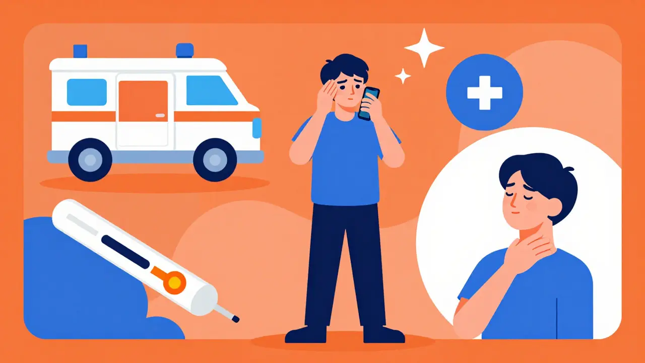 Character calling emergency services for severe headache symptoms