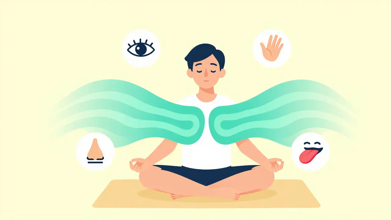 Character practicing breathing and grounding techniques in flat style
