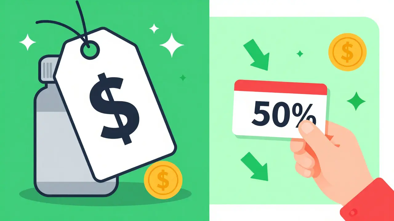 Comparison of high retail price vs discounted cost with coupon in flat design