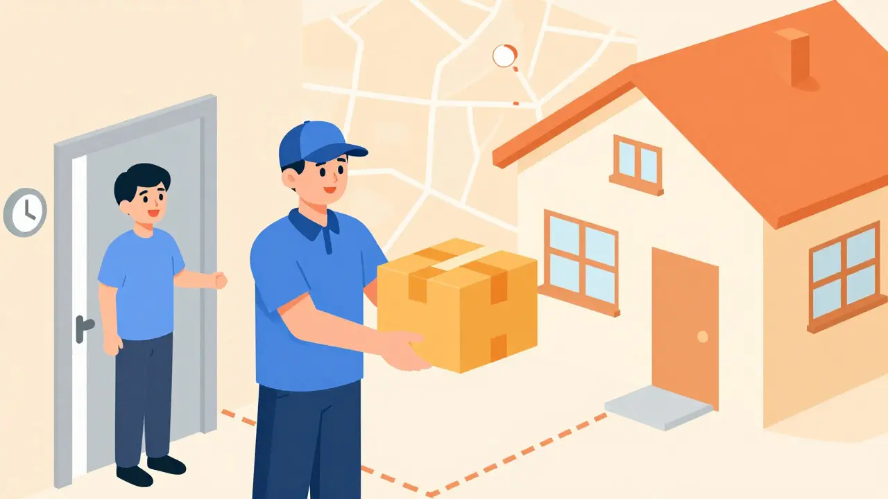 Courier delivering medication package to customer's door in flat design style
