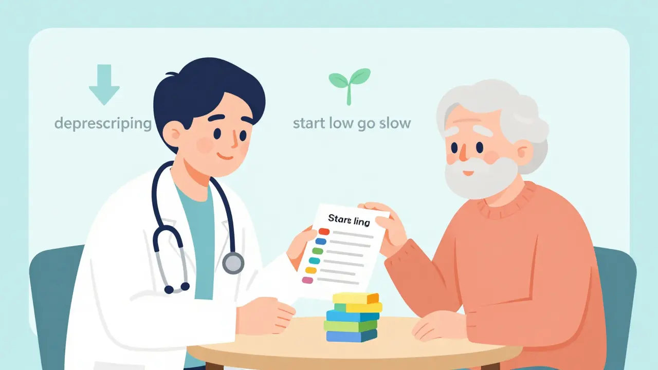 Doctor and senior reviewing medication plan with flat design icons