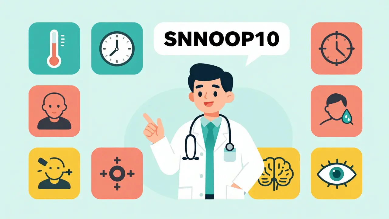 Doctor holding checklist of headache warning signs with colorful icons