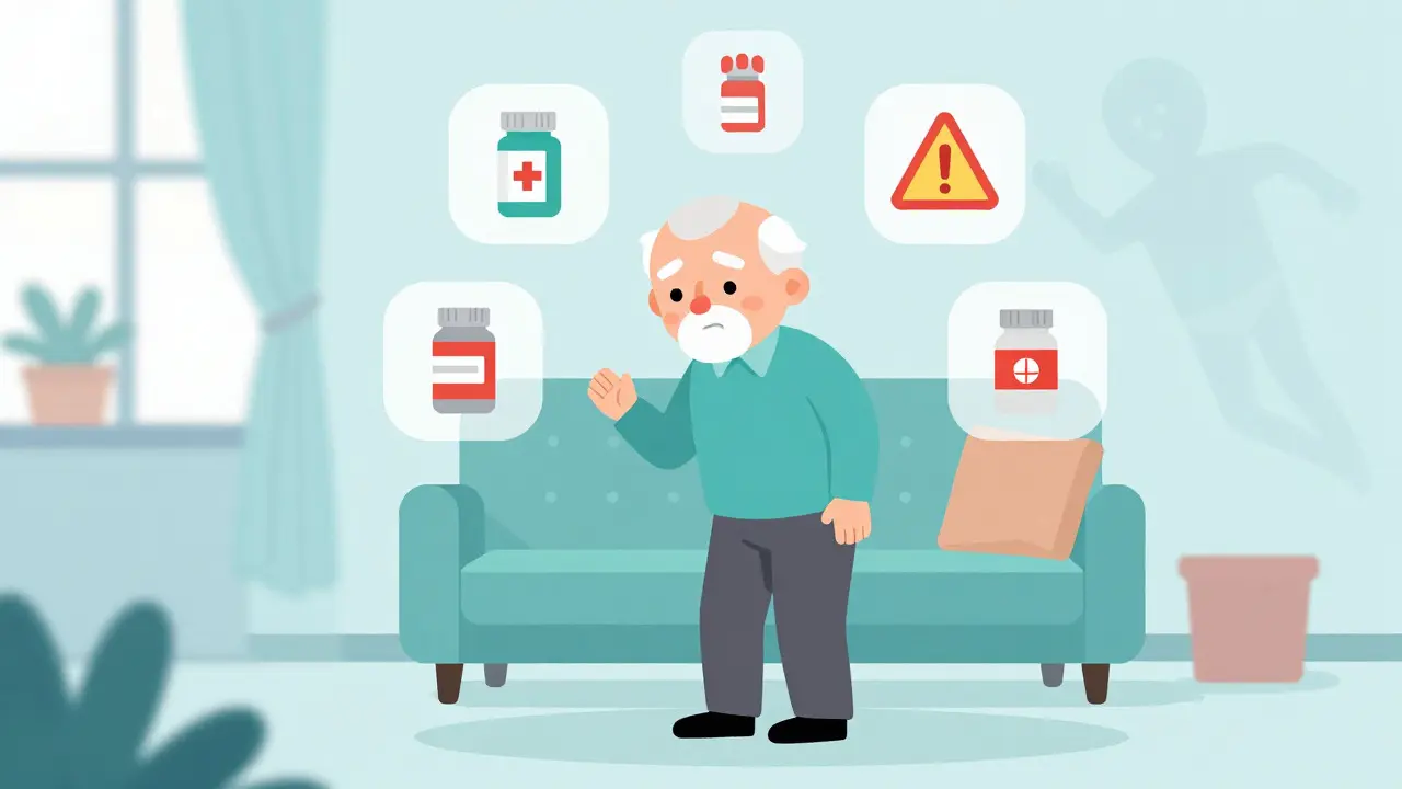Elderly person dizzy from polypharmacy risks shown as floating icons