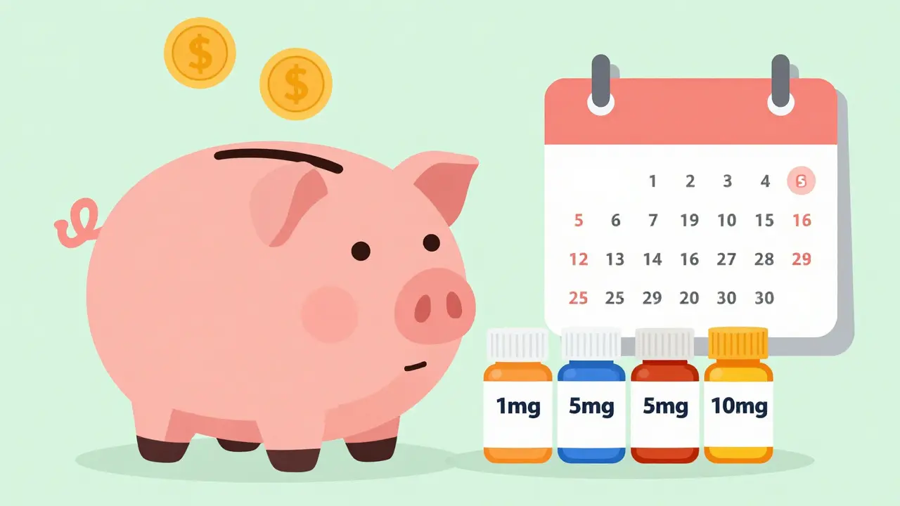 Flat design art of saving money on bulk medication supplies and dosages.