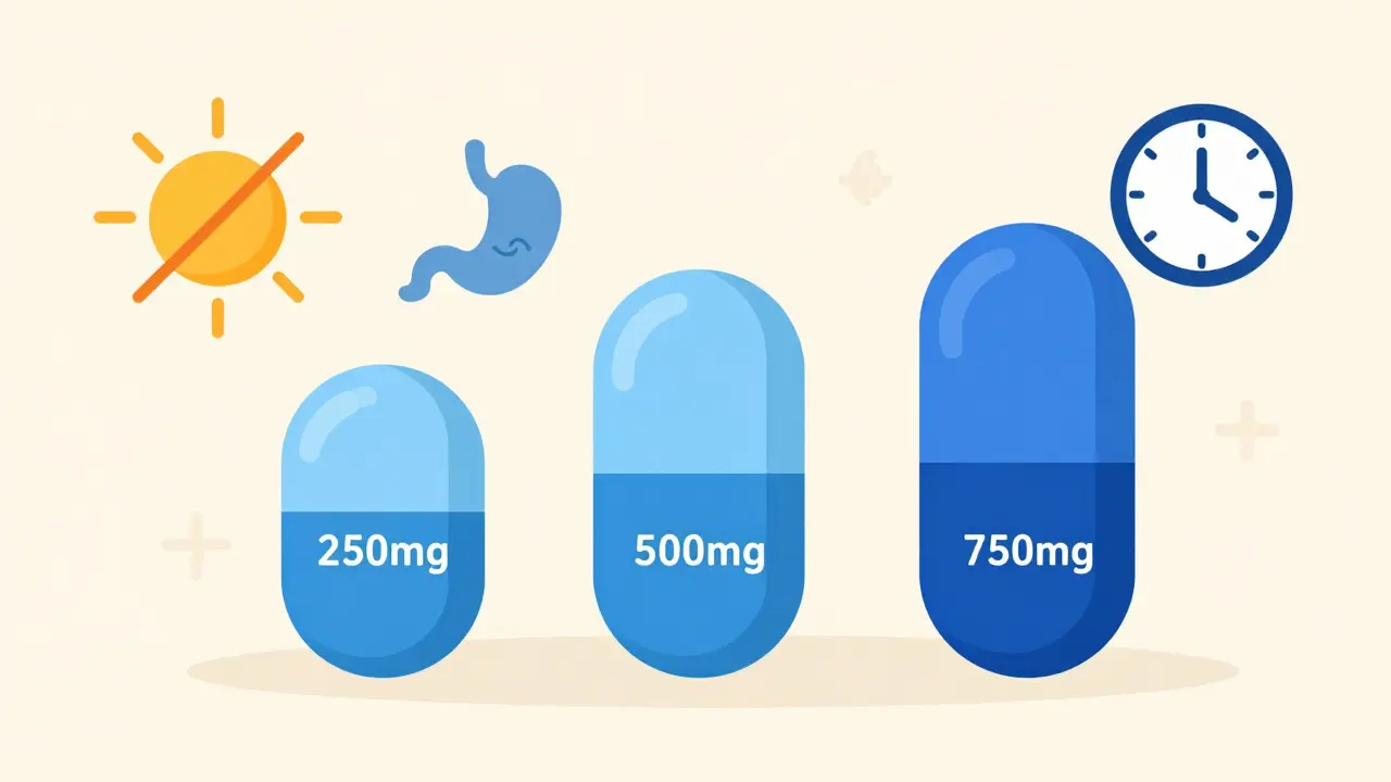 Flat design graphic showing three pill sizes with icons for sunlight sensitivity and stomach care