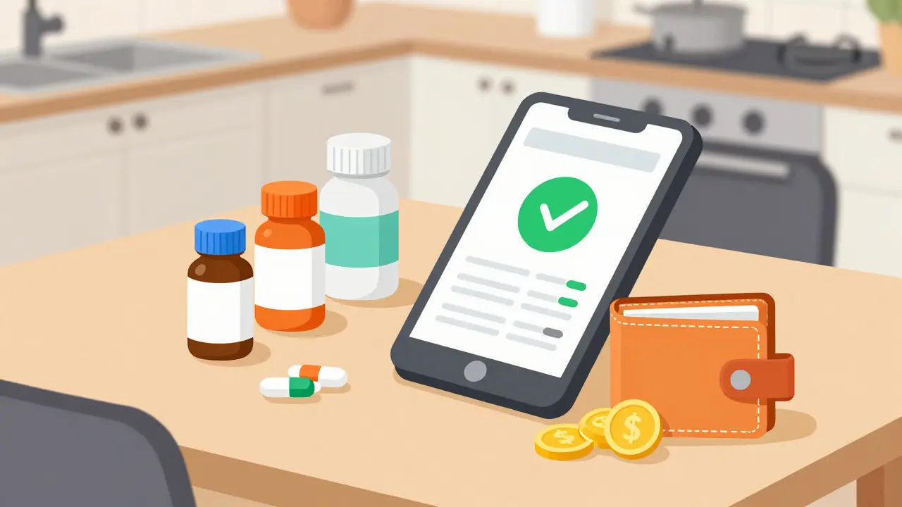 Flat design illustration of medication bottles and a discount symbol on a table representing online savings