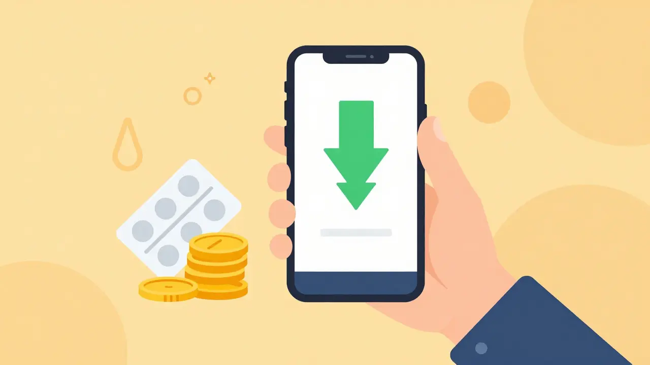 Hand holding phone showing price savings next to pills and coins