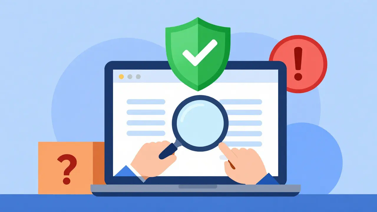Illustration of a person using a magnifying glass to verify online pharmacy safety and authenticity