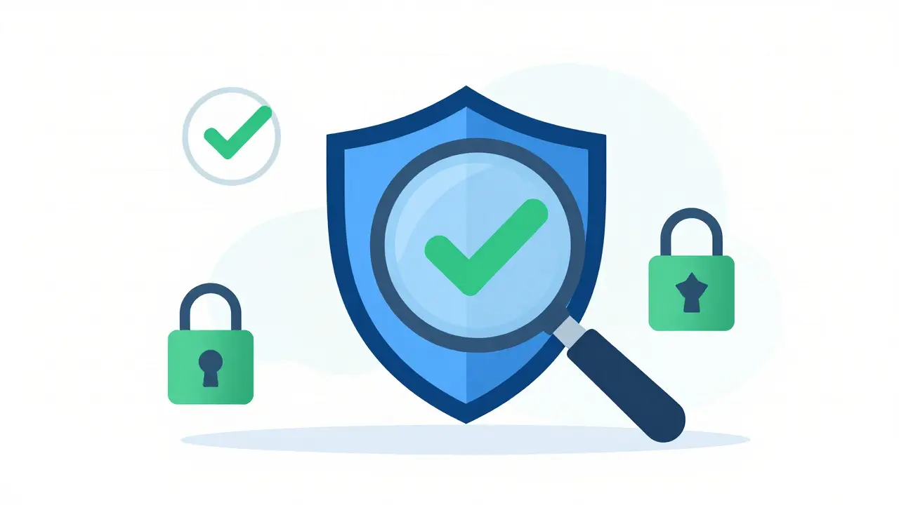 Magnifying glass inspecting a shield with security and review icons