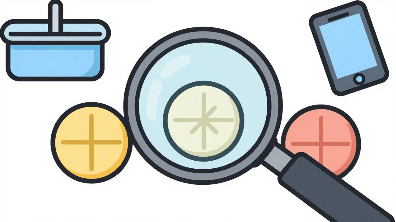 Magnifying glass inspecting imprint codes on generic tablets