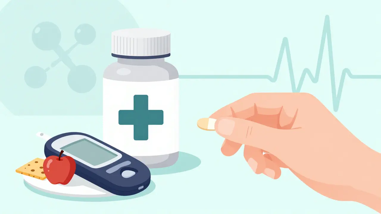 Micronase pills, glucose meter, and healthy snack