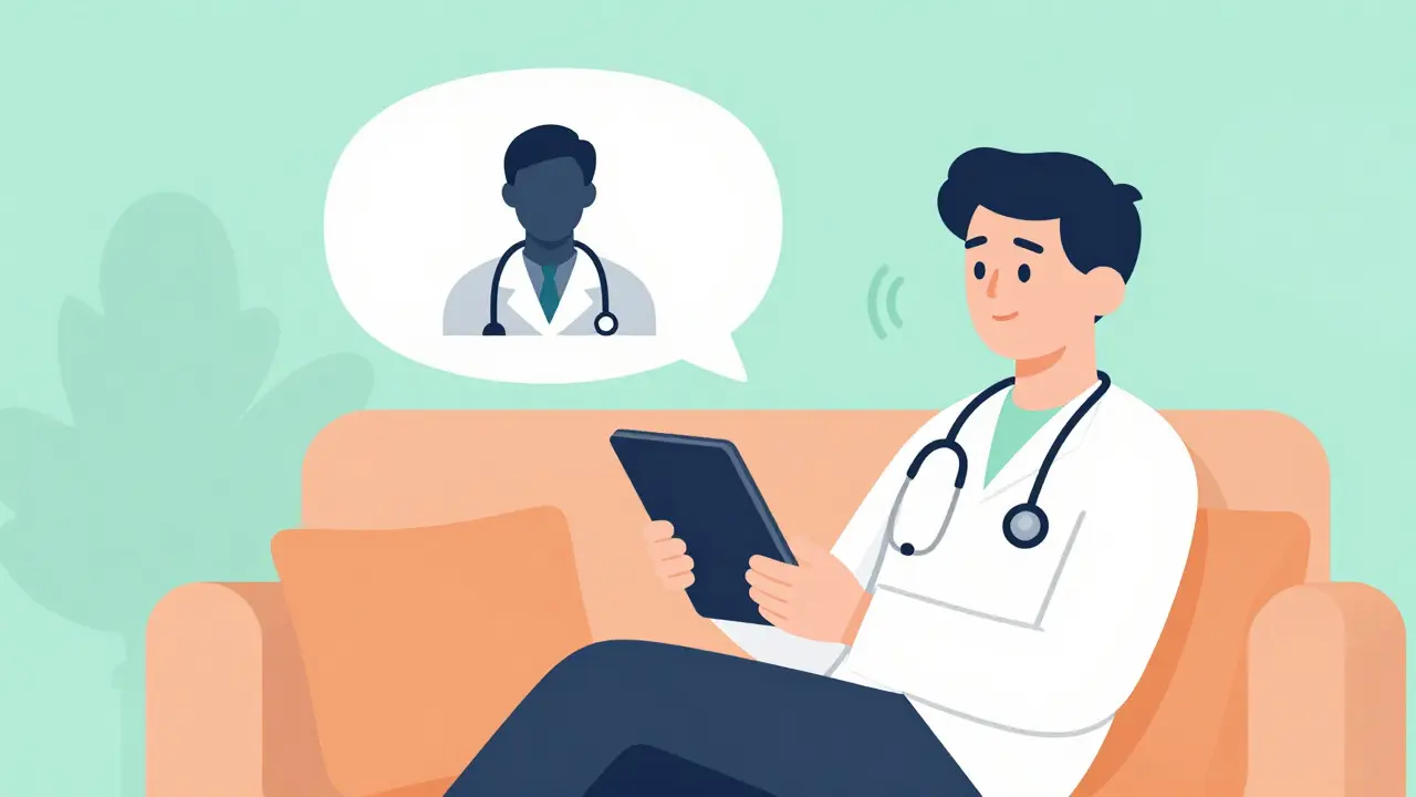 Person using a tablet for a virtual doctor consultation at home