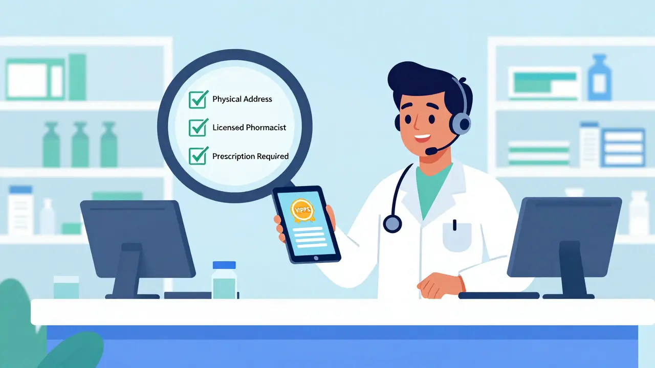 Pharmacist verifying online pharmacy safety credentials with checklist icons