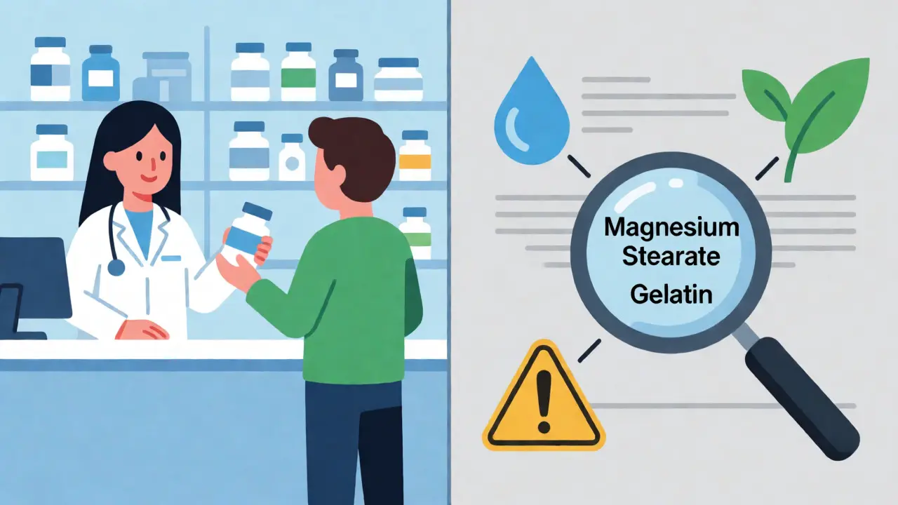 Split scene showing a pharmacy interaction and an analysis of ambiguous ingredients.