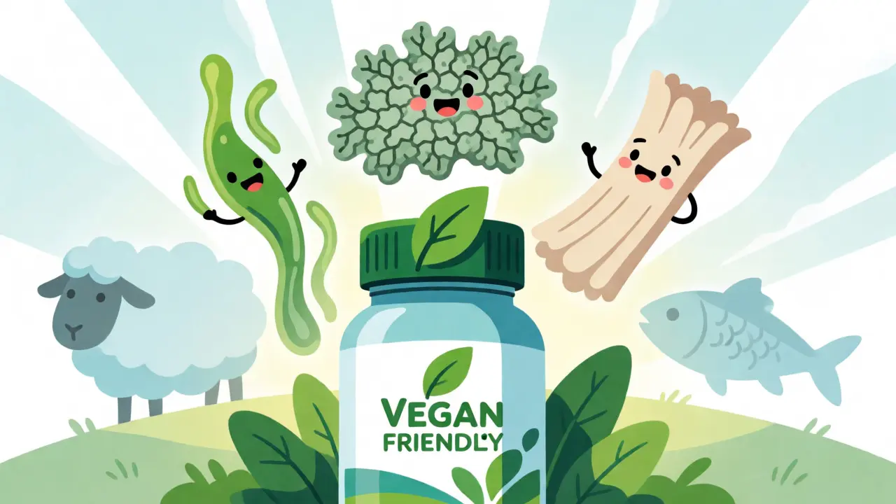 Vegan supplement bottle surrounded by plant-based alternatives versus animal sources.