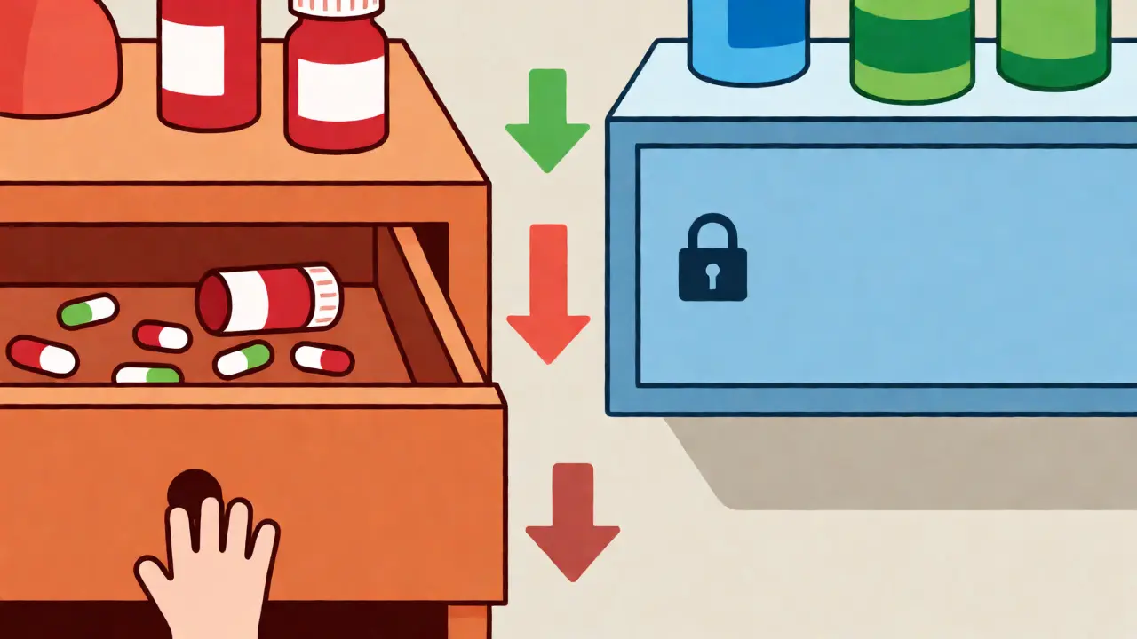 Comparison of unsafe low shelves versus safe locked high cabinets for storing medication.