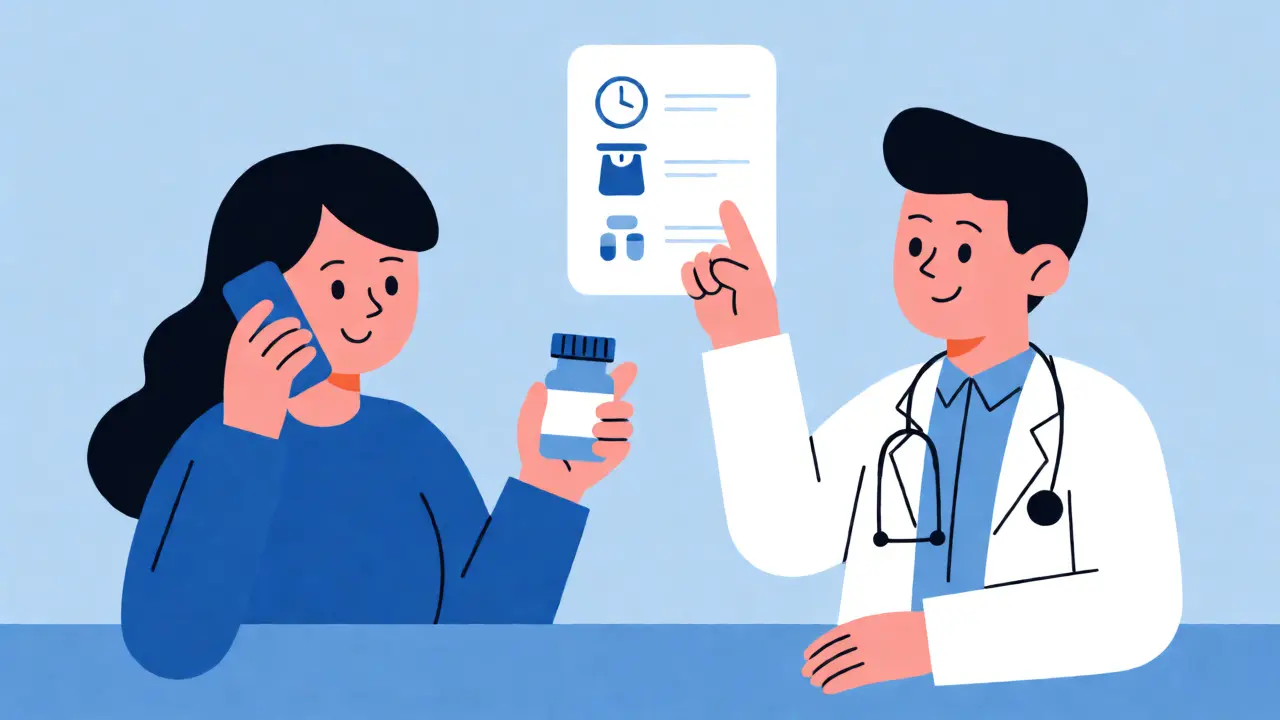 Parent calling poison control while showing a doctor a medicine bottle and checklist.